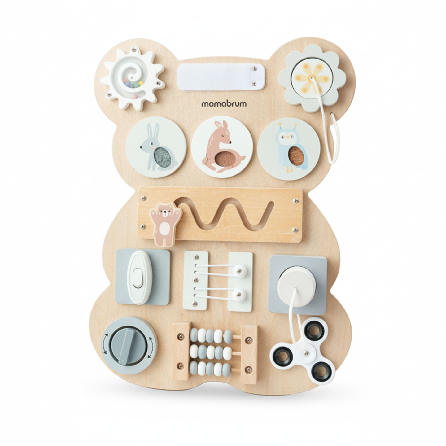 Medinė Montessori meškiuko manipuliacinė lenta - sensorinis savarankiškumo mokymasis: lipdukas, kaištis, labirintas, spragtelėjimo rankenėlė