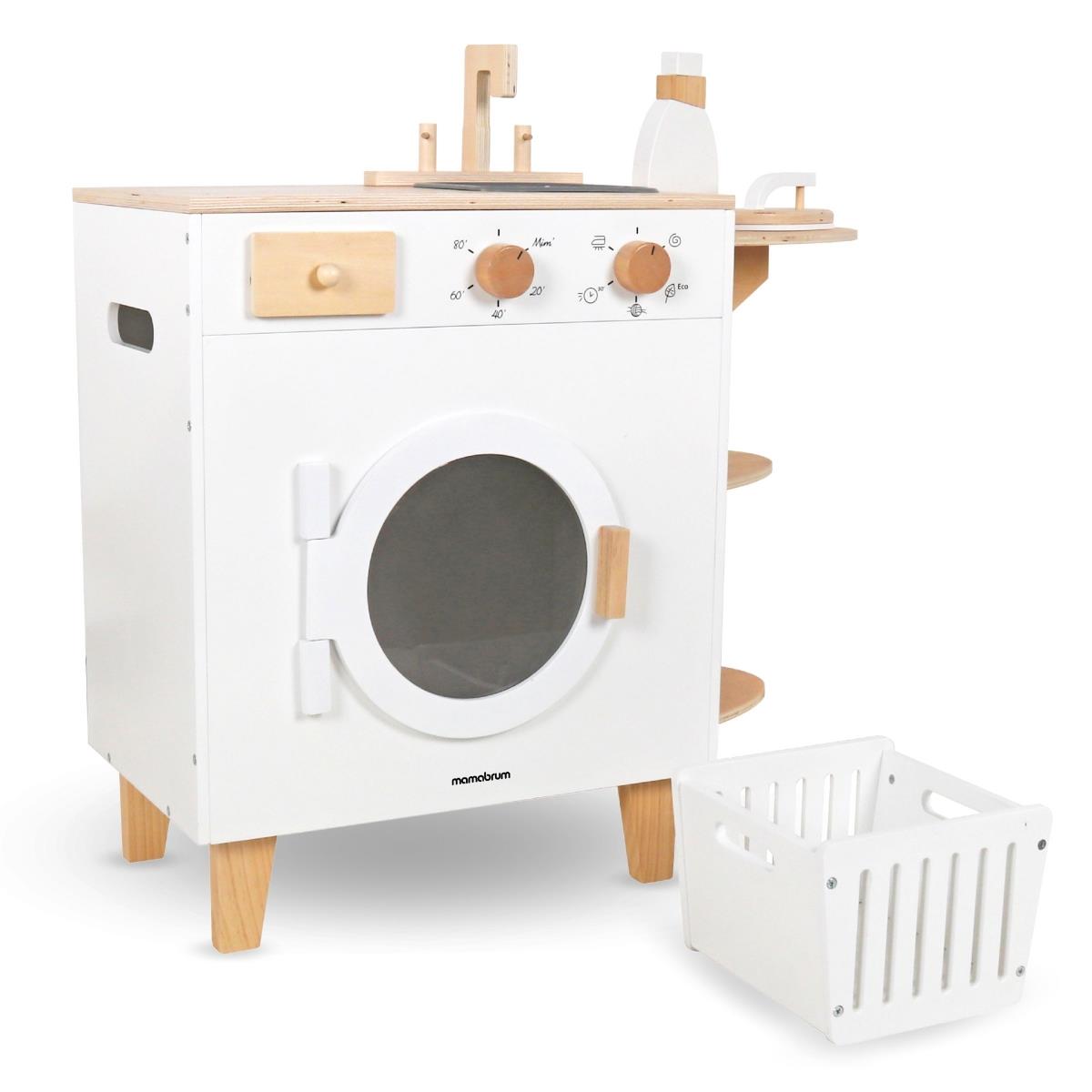 Medinė skalbimo mašina su lygintuvu, krepšeliu ir skalbimo skysčiu