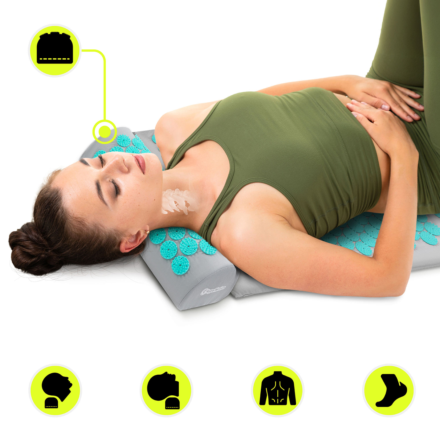 Didelis akupresūros kilimėlis su pagalvėle ir užvalkalu – 130 cm „HyperMotion“ pilkai mėtinis