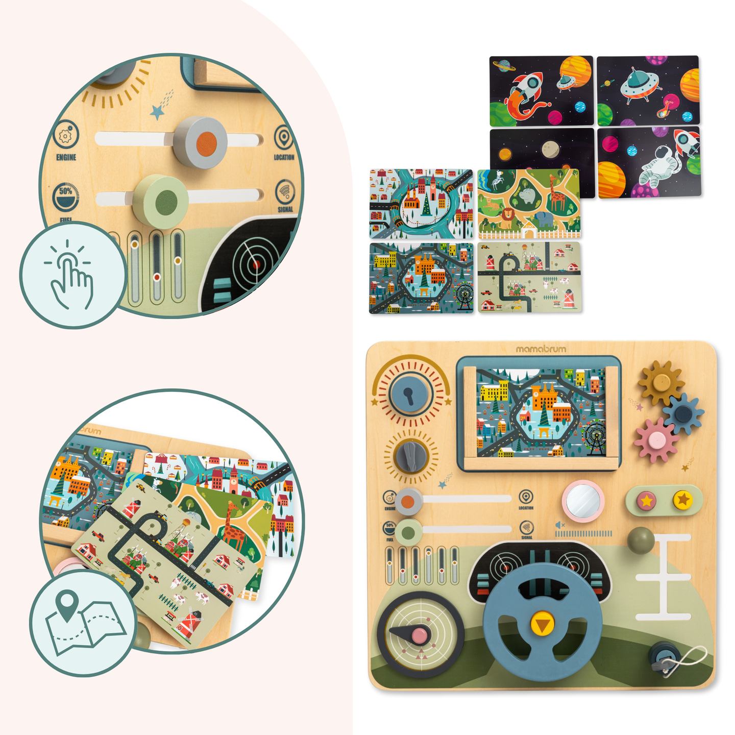 Medinė Montessori lenta 2 viename Vairuotojo ir piloto kabina – vairas, pavarų perjungimo svirtis, kelionių žemėlapiai, radaras