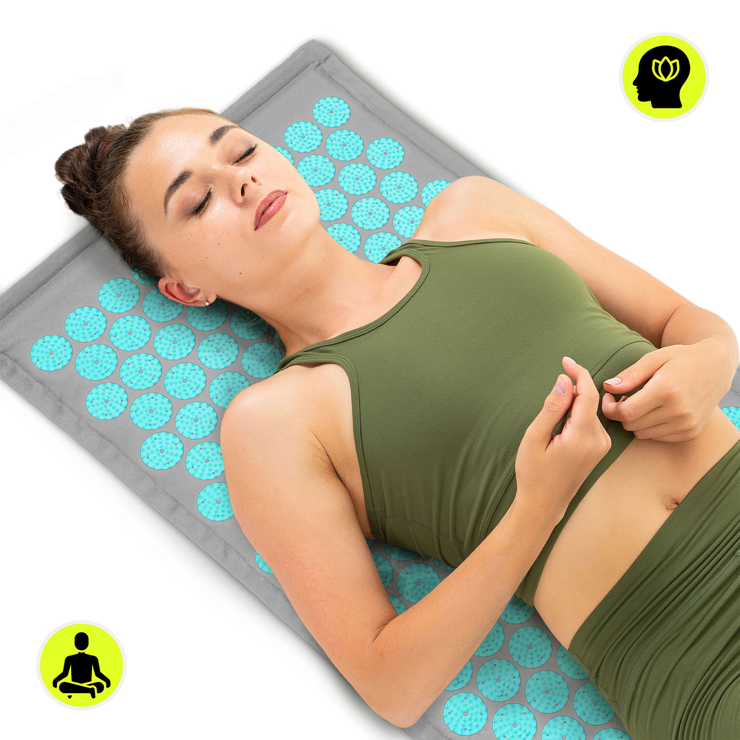 EKO lininis akupresūros kilimėlis su kokosų pluoštu ir grikių pagalvėle – 68 cm „HyperMotion“ pilka-mėtinė