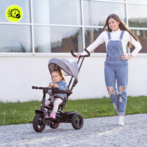 Triratukas 1-4 metų vaikams - TOBI FREY - pilka spalva - pasukamas - pompiniai ratai + stūmiklis