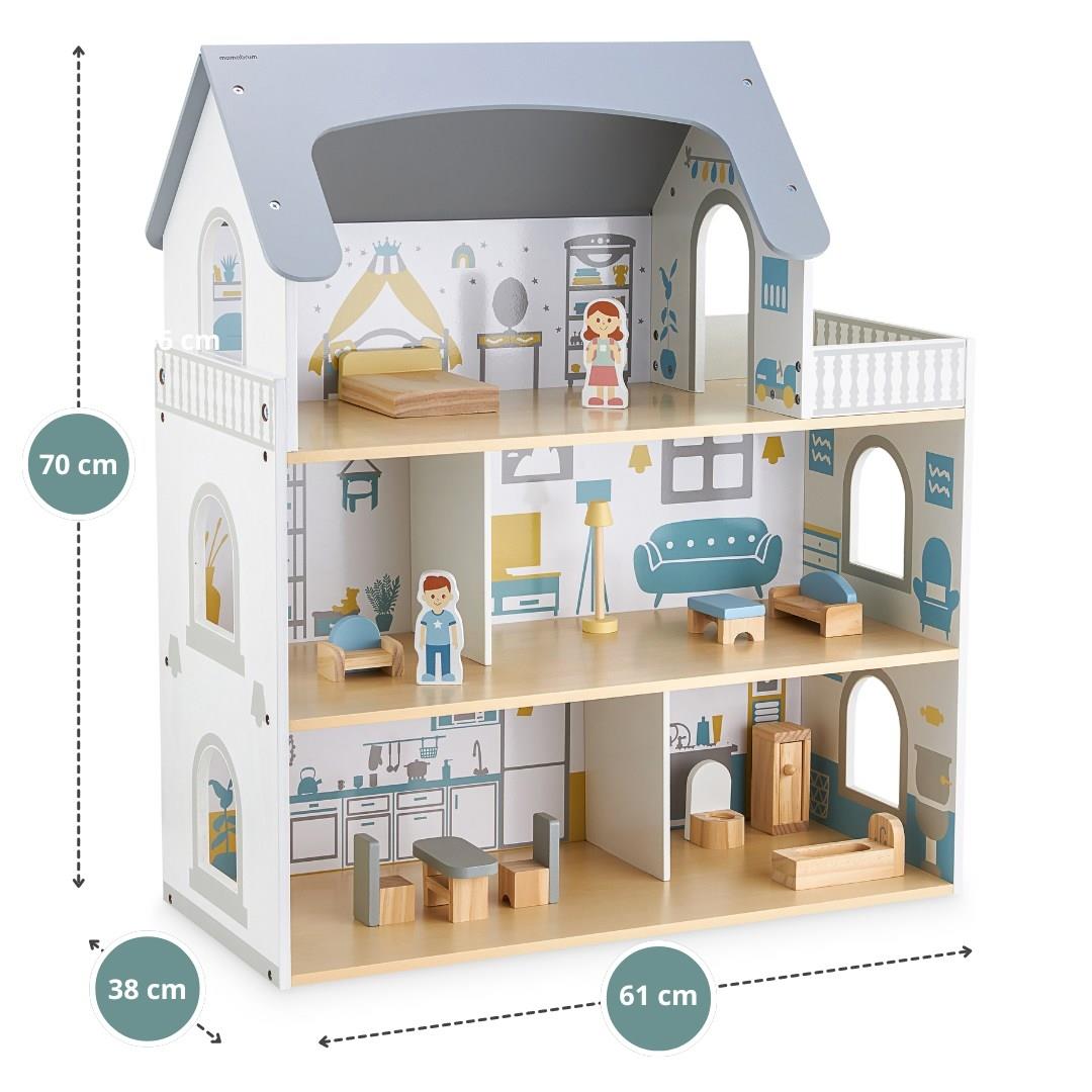 Baltas medinis lėlių namelis su terasa ir priedais