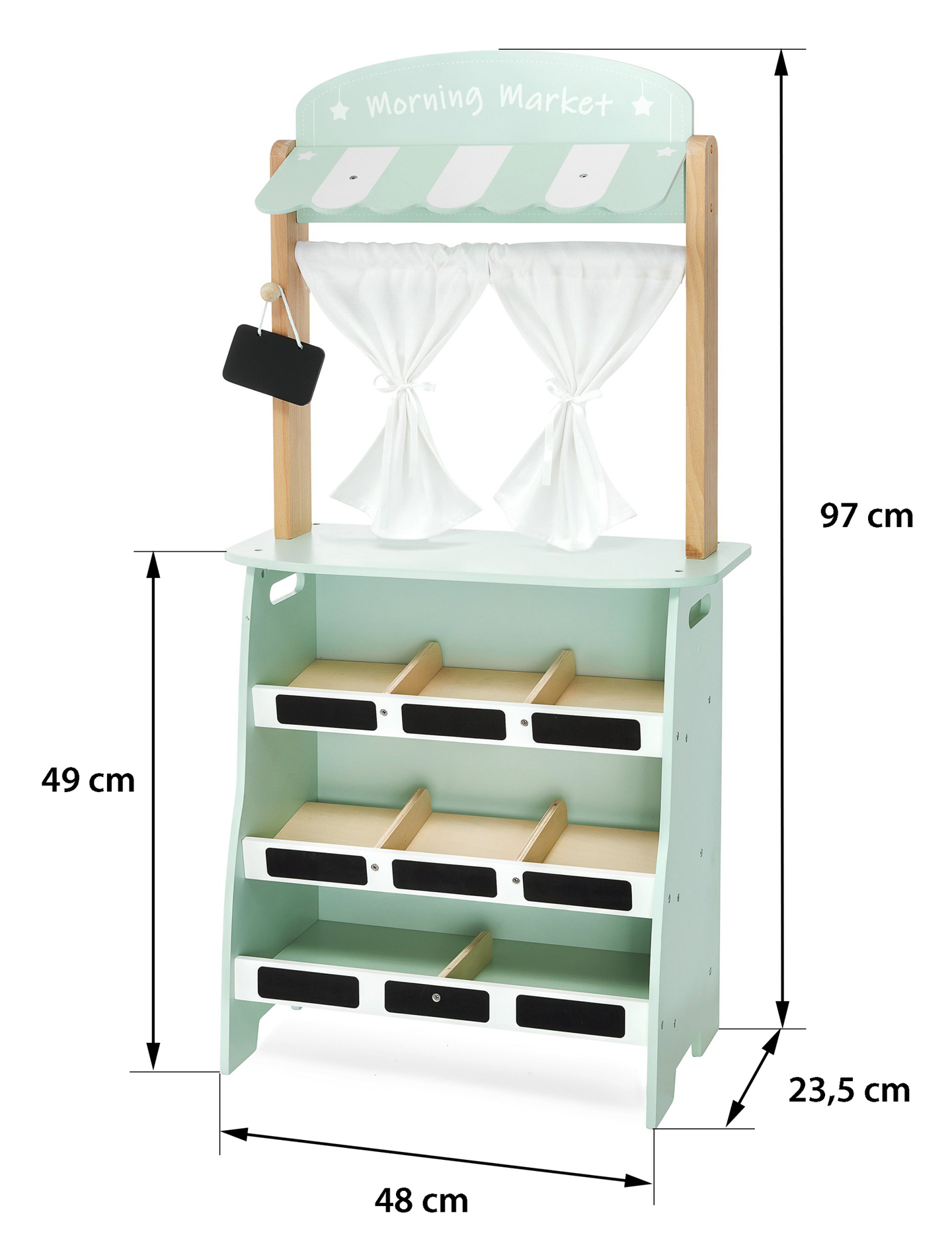 Didelė medinė parduotuvė - prekystalis ir teatras 2 viename su svarstyklėmis, mokėjimo terminalu, vaisiais ir daržovėmis