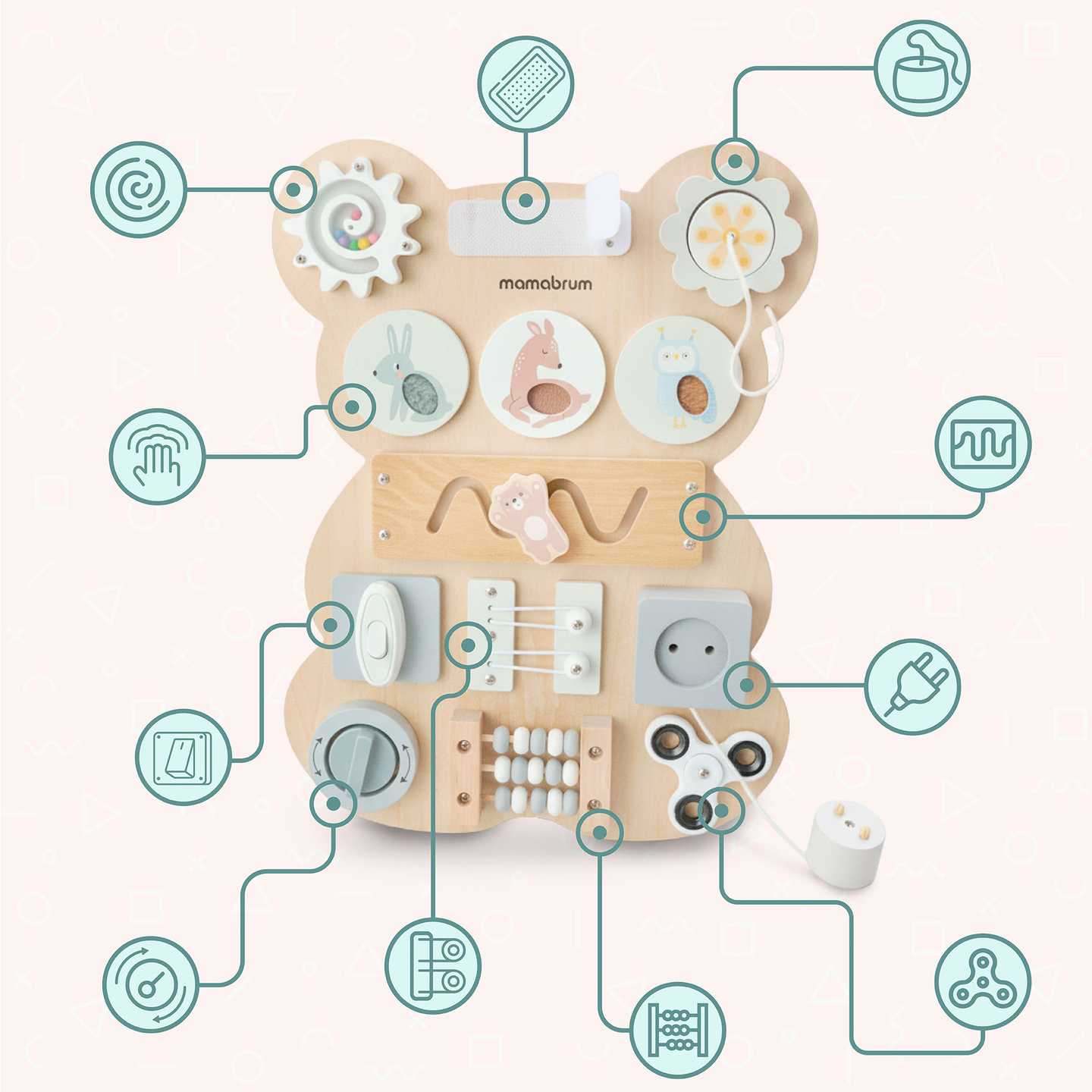 Medinė Montessori meškiuko manipuliacinė lenta - sensorinis savarankiškumo mokymasis: lipdukas, kaištis, labirintas, spragtelėjimo rankenėlė