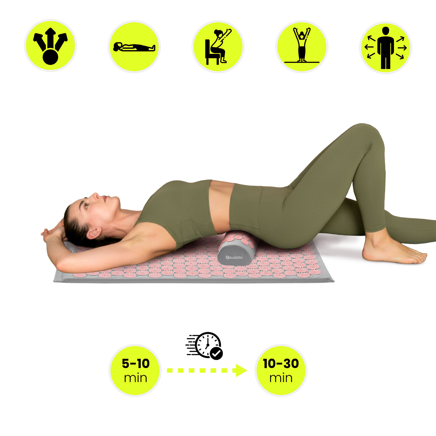 Akupresūros kilimėlis su pagalvėle ir užvalkalu – 72 cm „HyperMotion“ pilkas ir rožinis