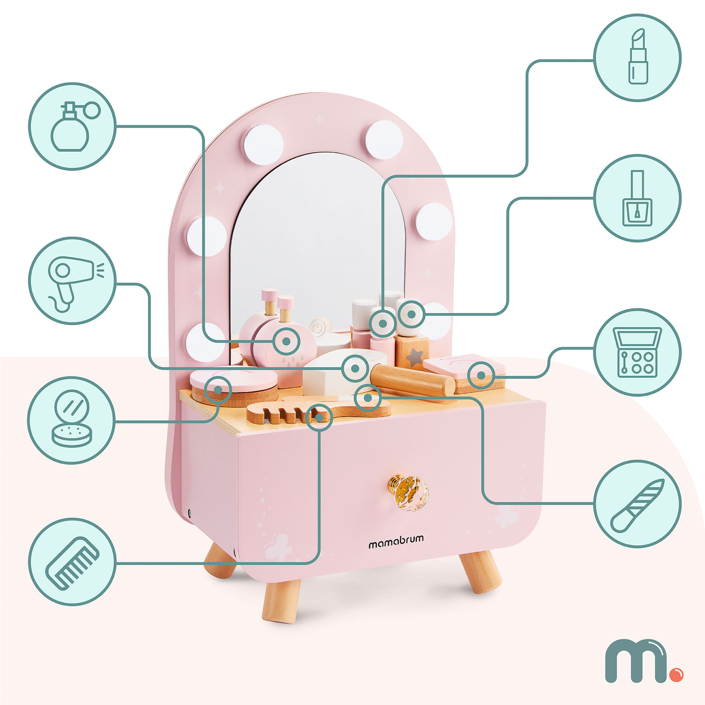 Medinis mini tualetinis staliukas vaikams su aksesuarais ir LED apšvietimu su sklandžiu ryškumo reguliavimu