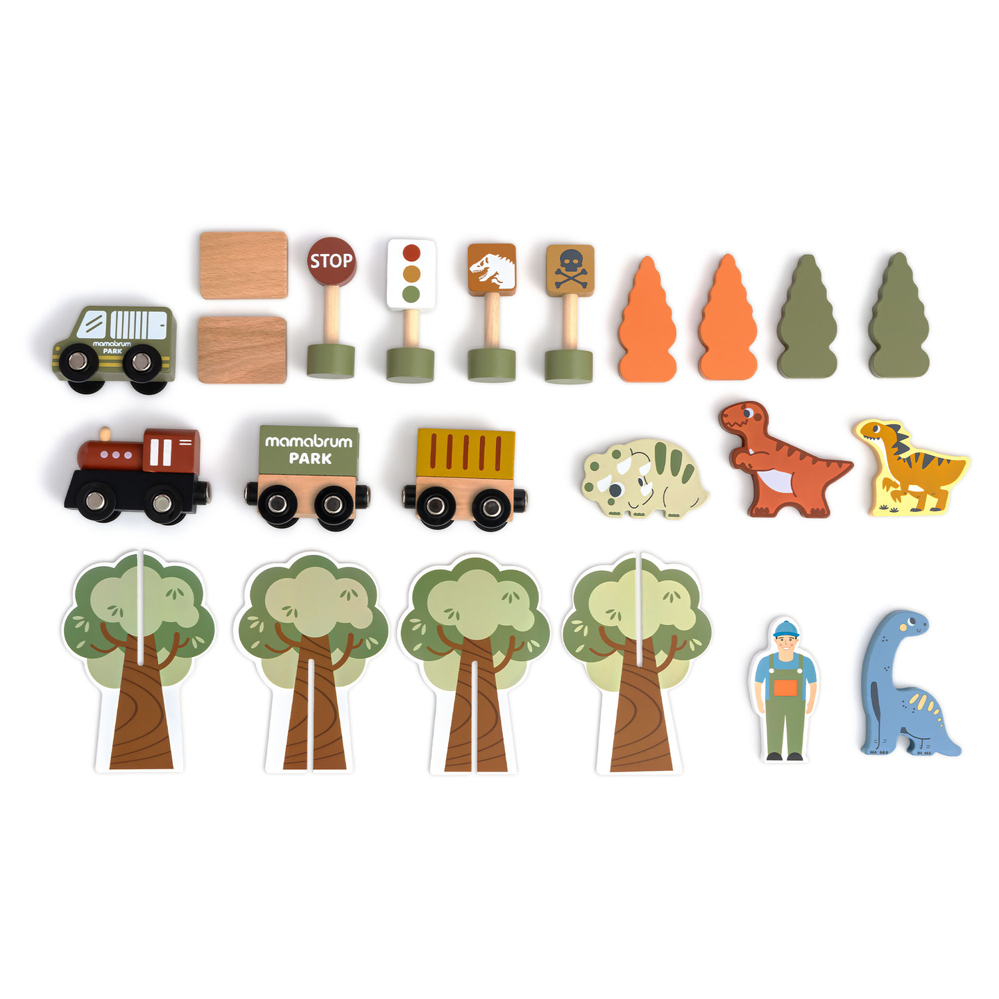 Dino parko medinis traukinukas su neslystančiu kilimėliu - dinozaurai, traukinukas, bėgiai, ugnikalnis, varpas