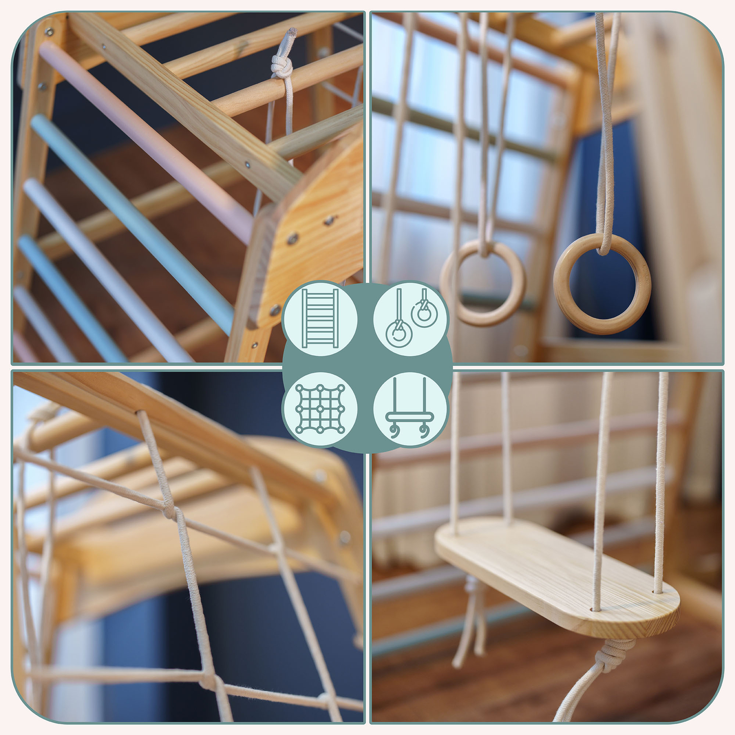 Medinė žaidimų aikštelė viduje su sūpynėmis, gimnastikos žiedais ir laipiojimo tinklu