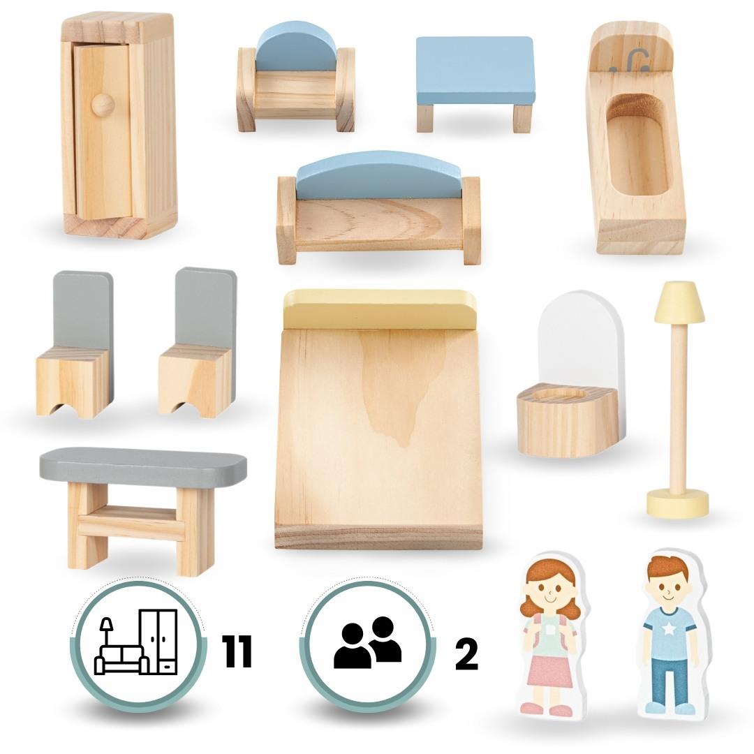 Baltas medinis lėlių namelis su terasa ir priedais