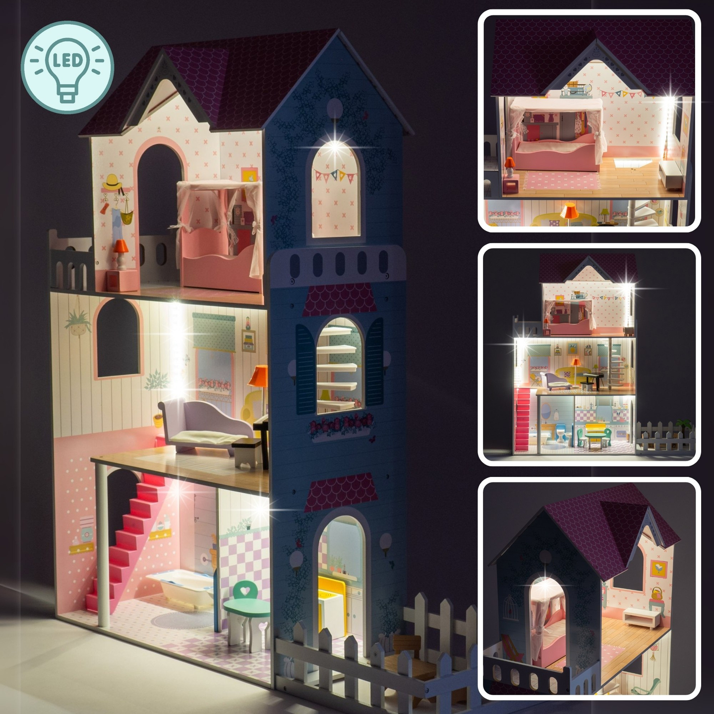 XXL Didžiausias medinis lėlių namelis - 123 cm - LED apšvietimas - terasa, aksesuarai, sodas