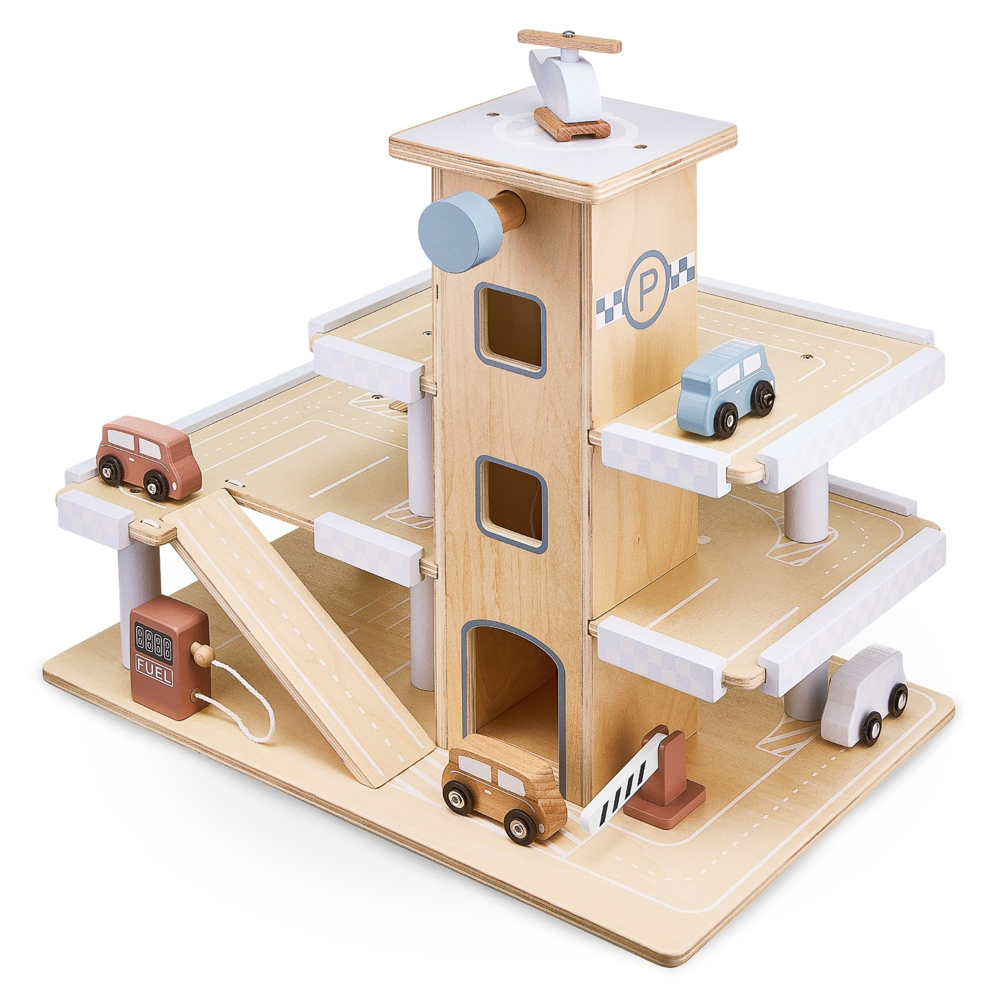 Medinė trijų aukštų automobilių stovėjimo aikštelė su liftu - garažas automobiliams ir sraigtasparniui