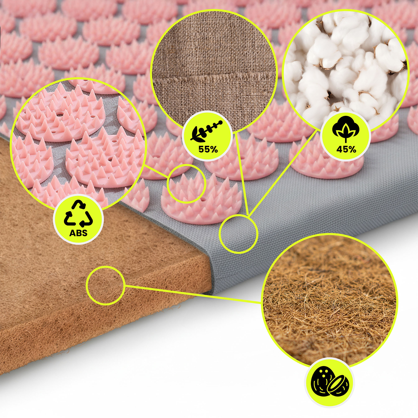 EKO lininis akupresūros kilimėlis su kokosų pluoštu ir grikių pagalvėle – 68 cm, pilkas ir rožinis, „HyperMotion“