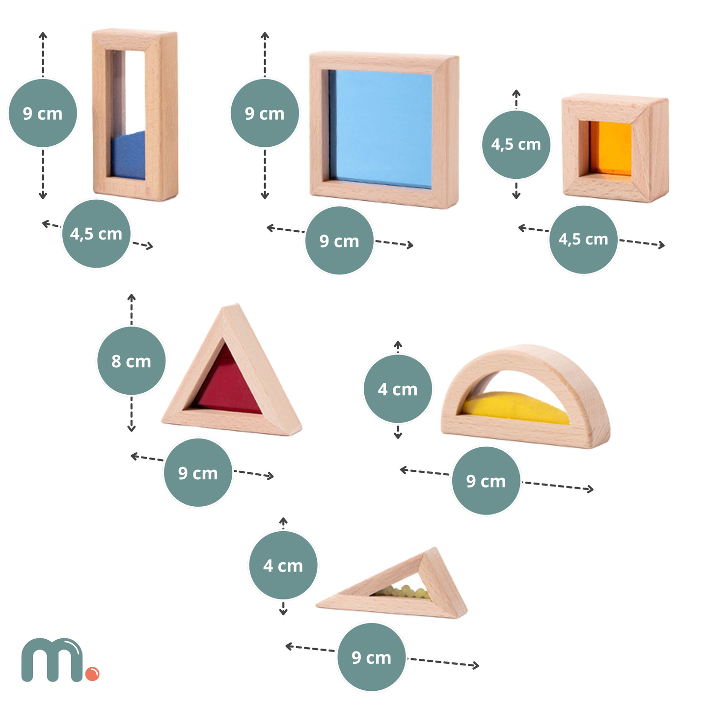 Medinių sensorinių kaladėlių su skirtingais užpildais rinkinys - 15 dalių