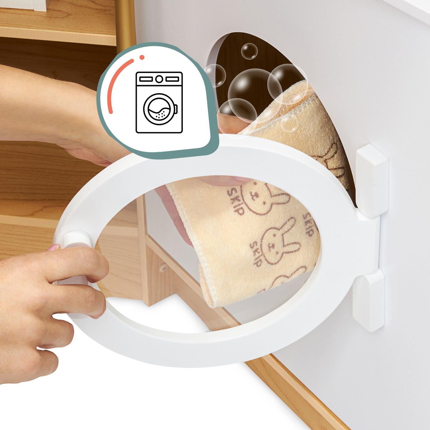 XXXXL didelė medinė interaktyvi virtuvė su LED apšvietimu, skalbimo mašina, mikrobangų krosnele, kavos aparatu, vaisių ir daržovių rinkiniu - 50 elementų