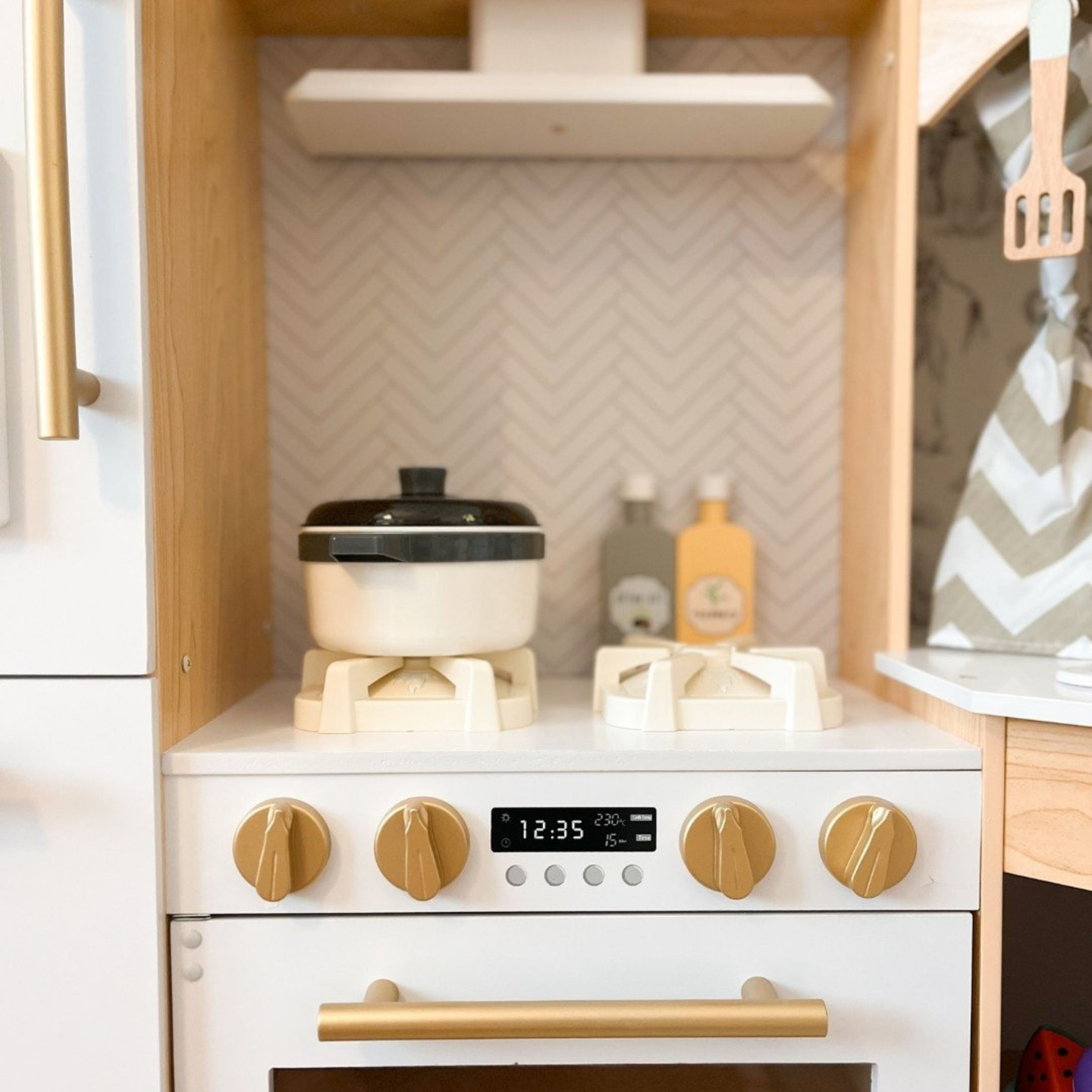 XXXXL didelė medinė interaktyvi virtuvė su LED apšvietimu, skalbimo mašina, mikrobangų krosnele, kavos aparatu, vaisių ir daržovių rinkiniu - 50 elementų