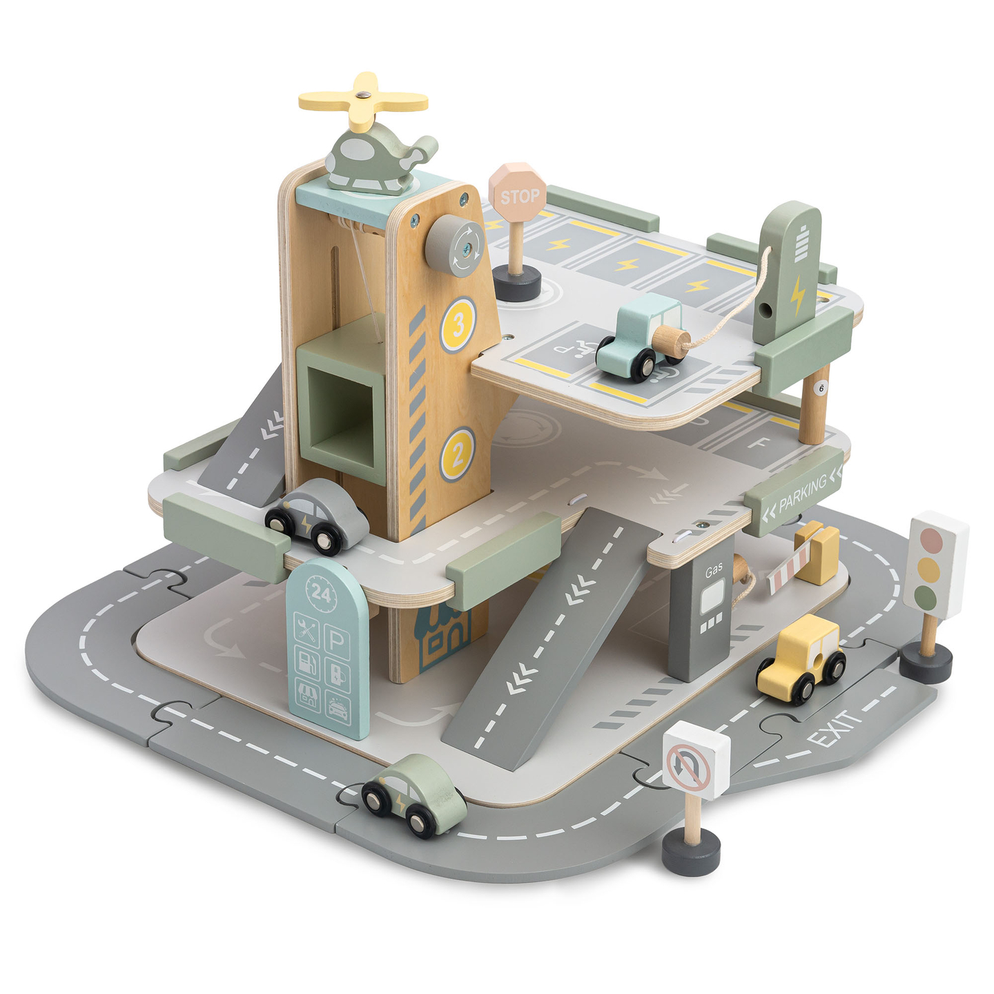 Medinis, trijų aukštų garažas vaikams su priedais – automobilių stovėjimo aikštelė, degalinė, automobilių plovykla, sraigtasparnis