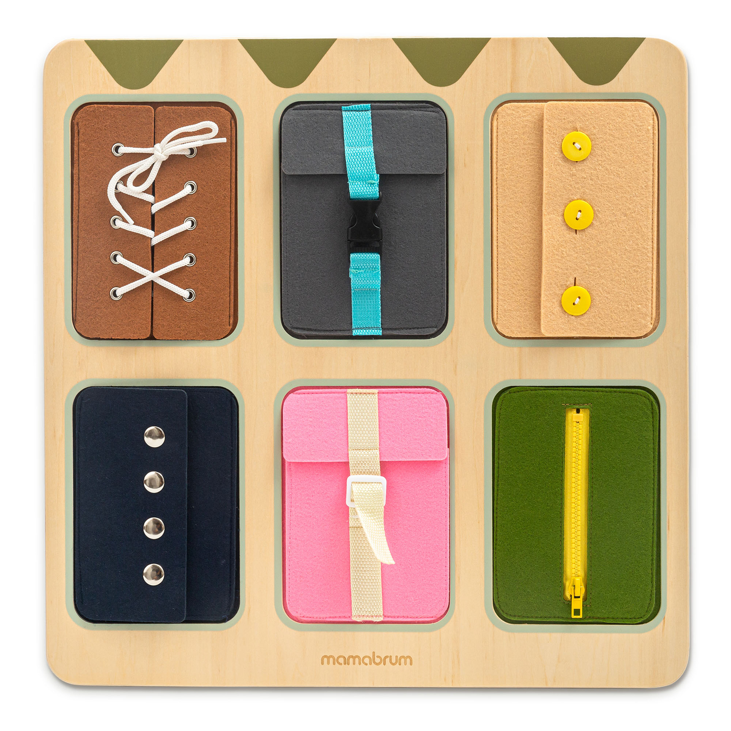 Medinė Montessori manipuliacinė lenta – sensorinis savarankiškumo mokymasis - raišteliai, sagtys, sagos, spaudės, užtrauktukas