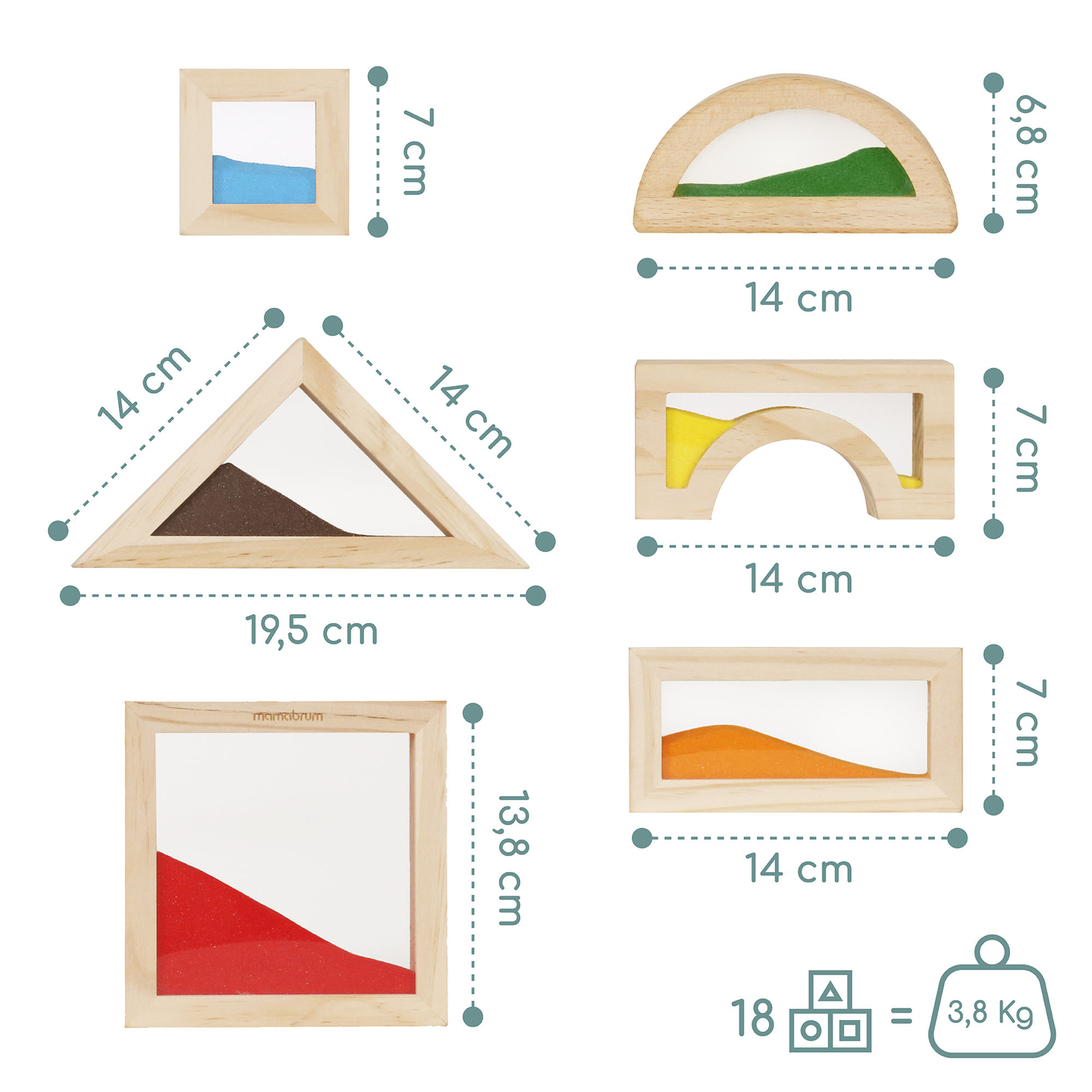 Medinės sensorinės kaladėlės - 18 vienetų