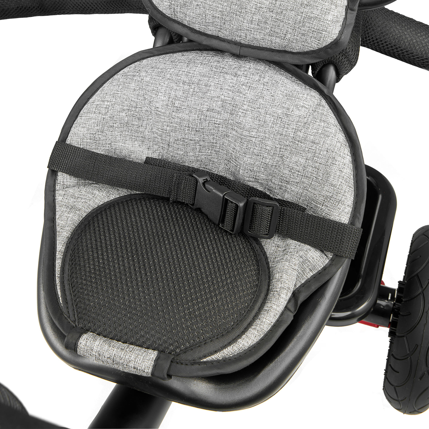 Triratukas 1-4 metų vaikams - TOBI FREY - pilka spalva - pasukamas - pompiniai ratai + stūmiklis