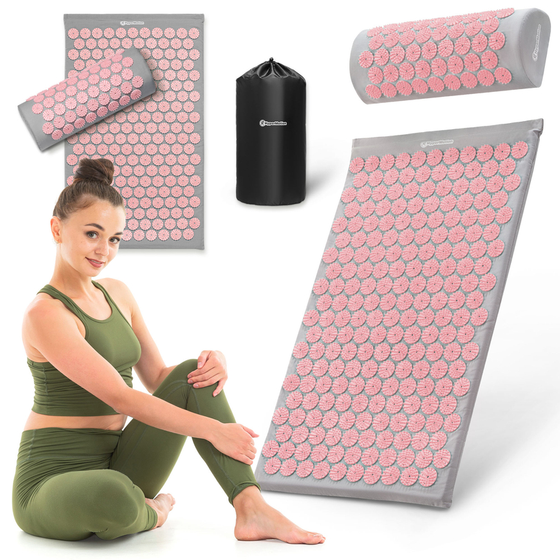 Akupresūros kilimėlis su pagalvėle ir užvalkalu – 72 cm „HyperMotion“ pilkas ir rožinis