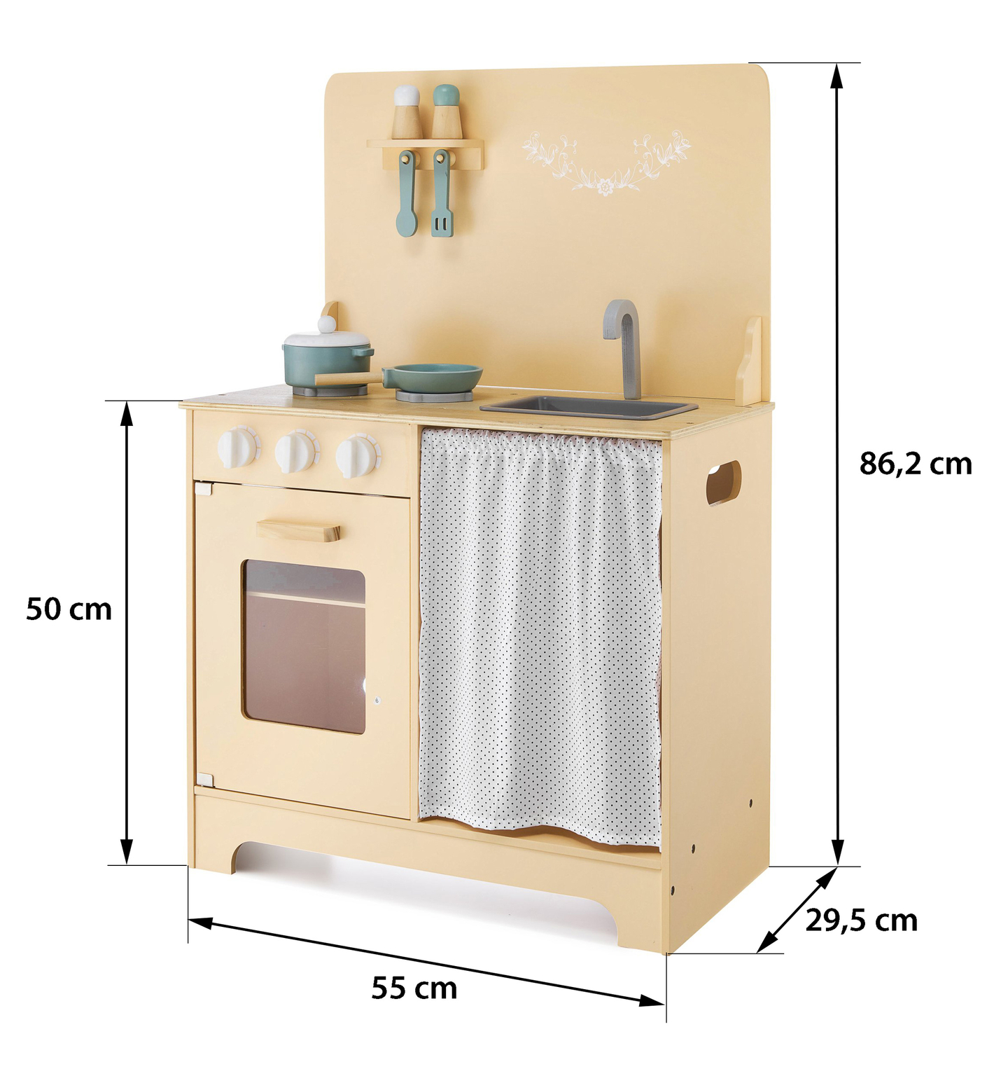 Medinė virtuvė su prijuoste, priedais ir LED apšvietimu