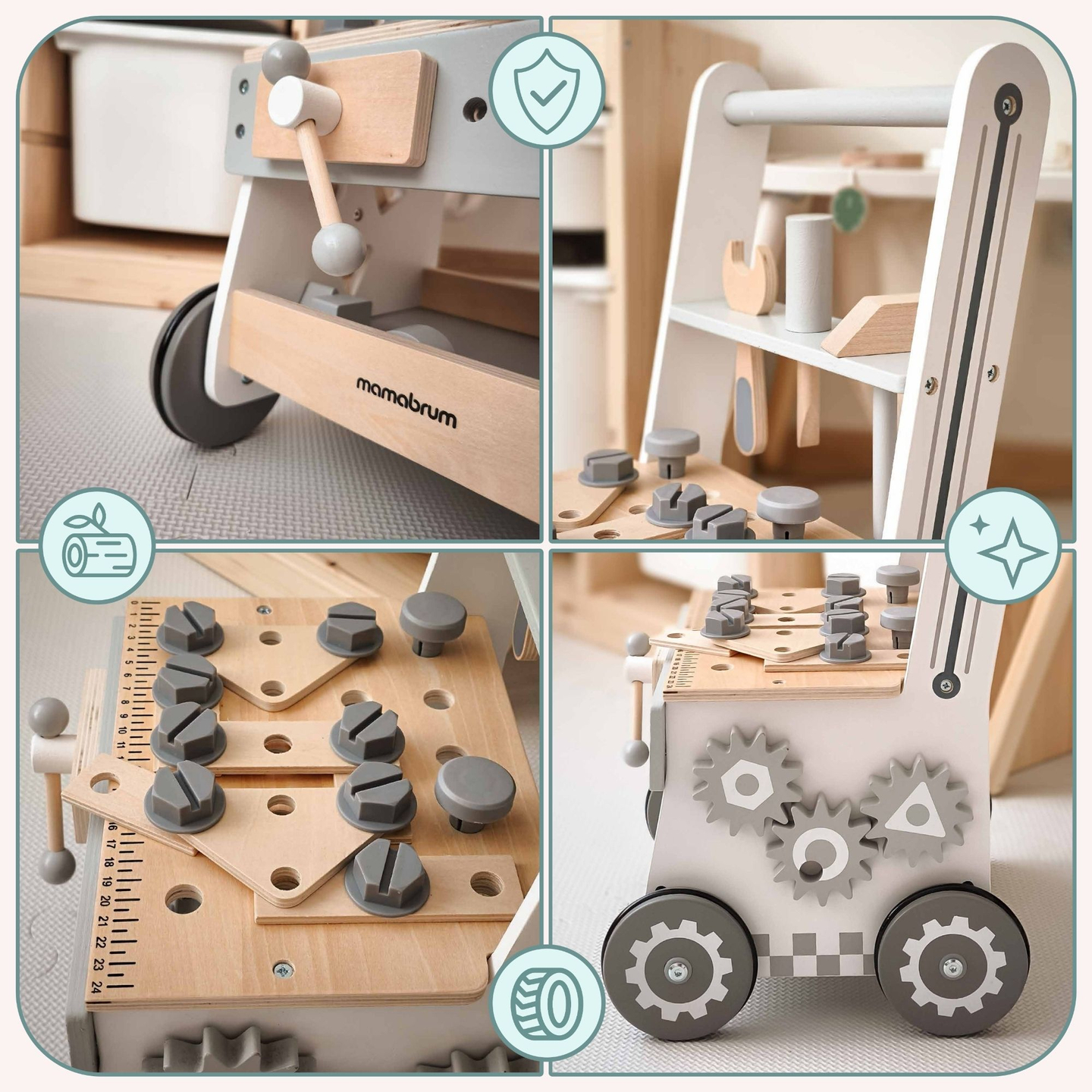 Medinė vaikštynė, stumdyklė ir dirbtuvės "3 viename" - 47 elementai