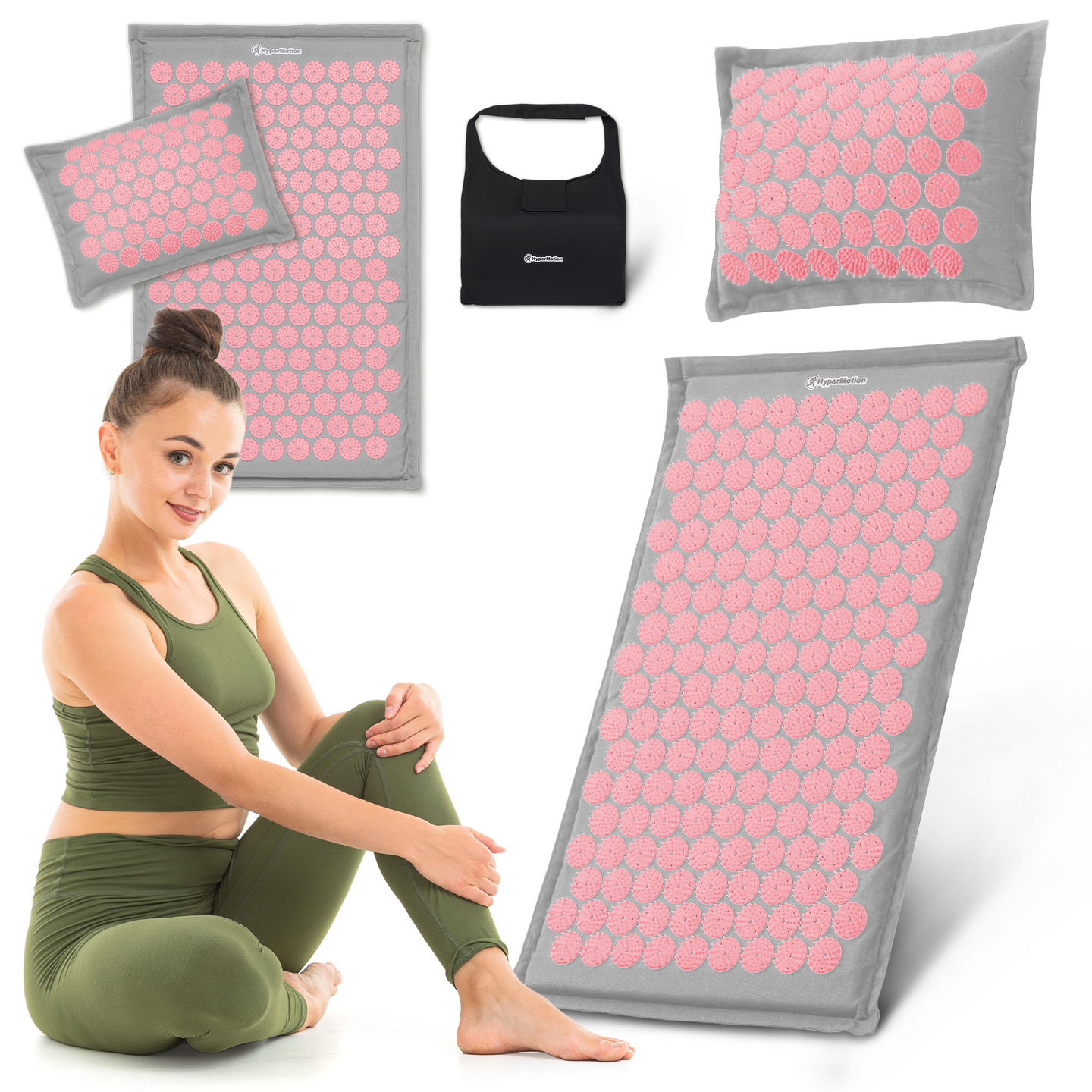 EKO lininis akupresūros kilimėlis su kokosų pluoštu ir grikių pagalvėle – 68 cm, pilkas ir rožinis, „HyperMotion“