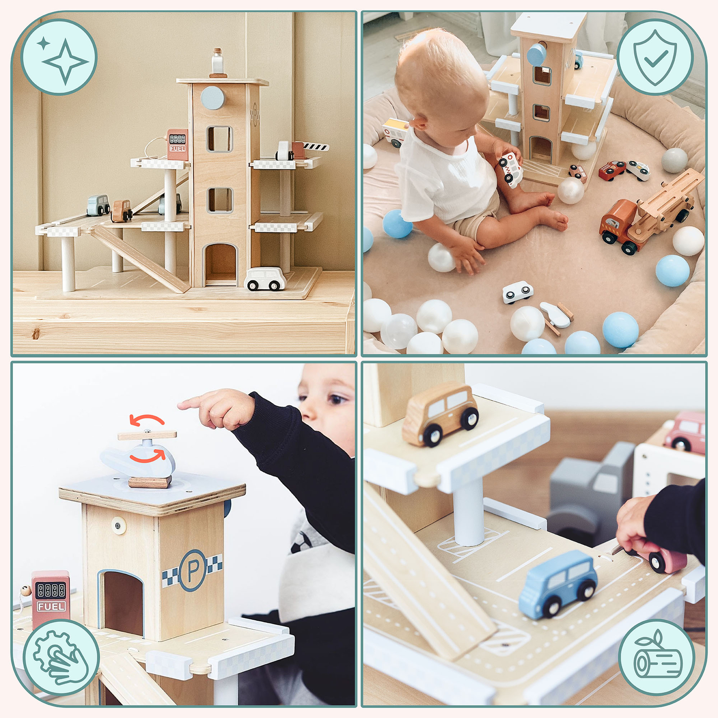 Medinė trijų aukštų automobilių stovėjimo aikštelė su liftu - garažas automobiliams ir sraigtasparniui