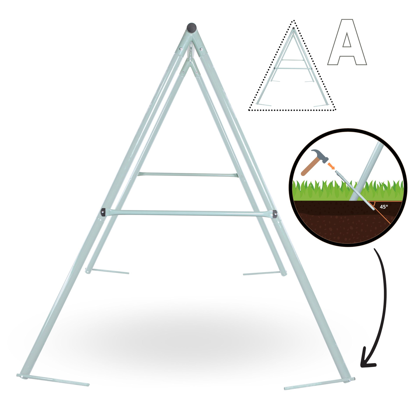 Gandralizdžio tipo sodo sūpynės su karkasu ir virvėmis