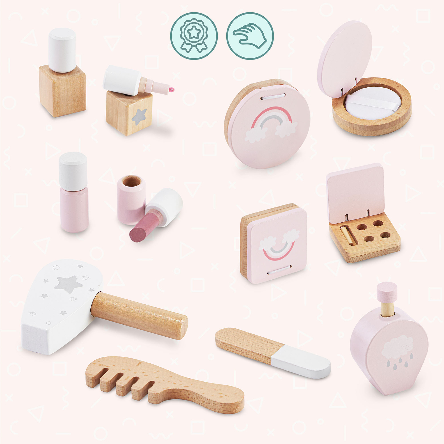 Medinis vaikiškas tualetinis staliukas su LED apšvietimu ir sklandžiu ryškumo reguliavimu, kėdute ir aksesuarais