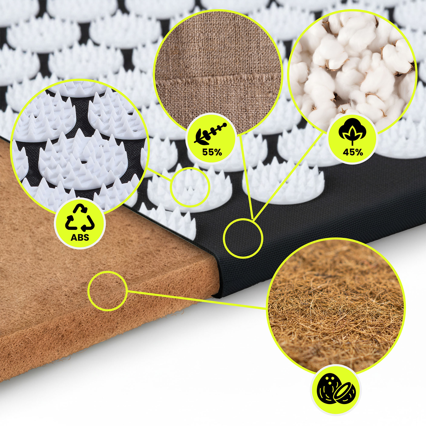 EKO lininis akupresūros kilimėlis su kokoso pluoštu ir grikių pagalvėle – 68 cm „HyperMotion“ juodos ir baltos spalvos