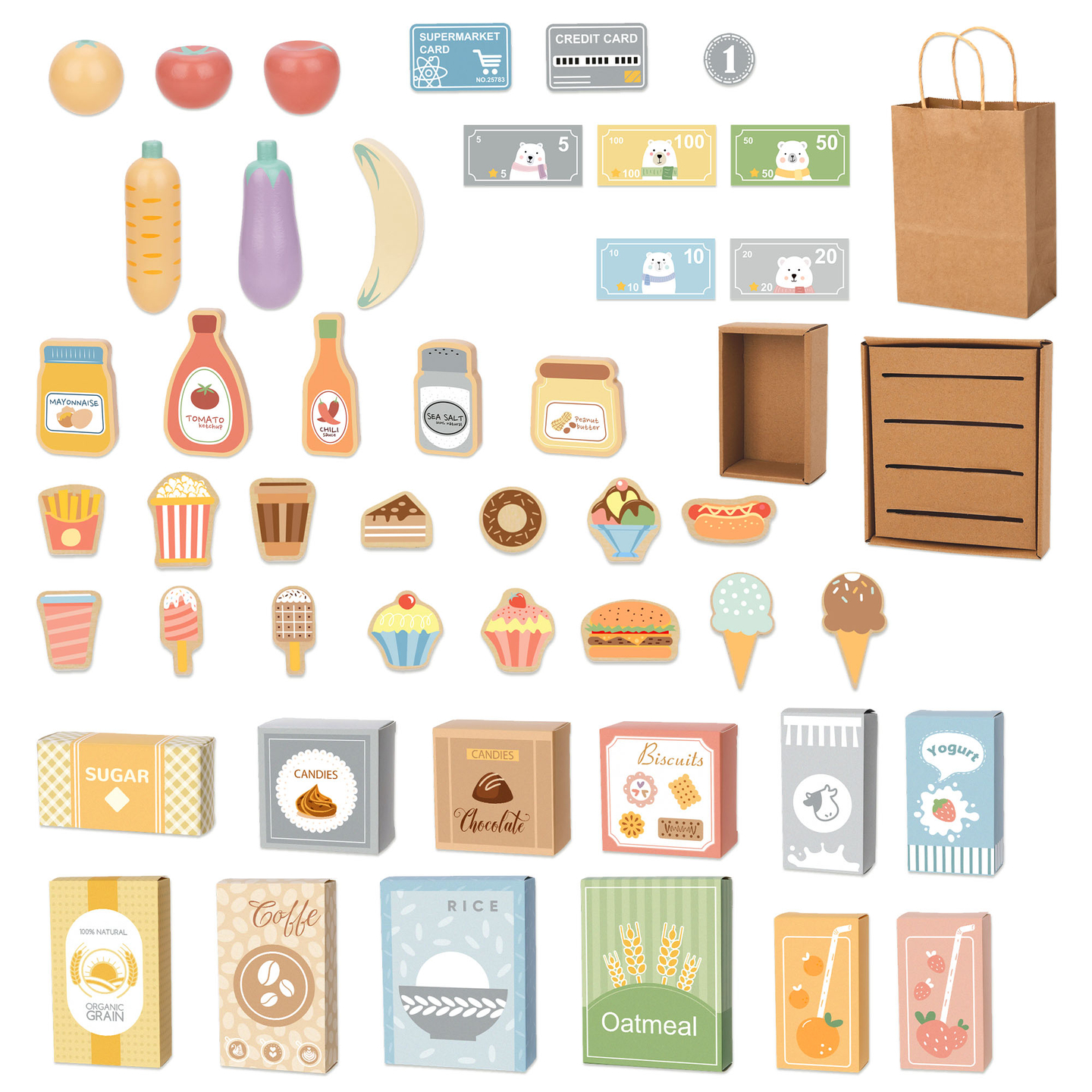 Didelė medinė vaikiška parduotuvė su lenta – 91 detalė apsipirkimo malonumams!