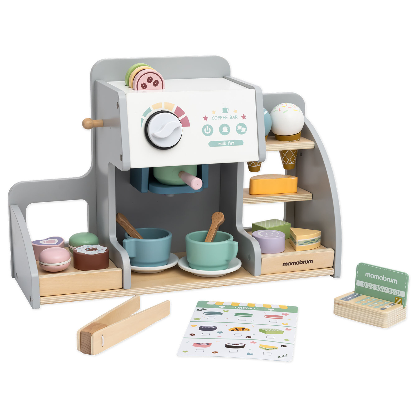 Didelė medinė ledainė su magnetine lenta, kavos aparatu ir ledų bei desertų rinkiniu - daugiau nei 70 detalių!