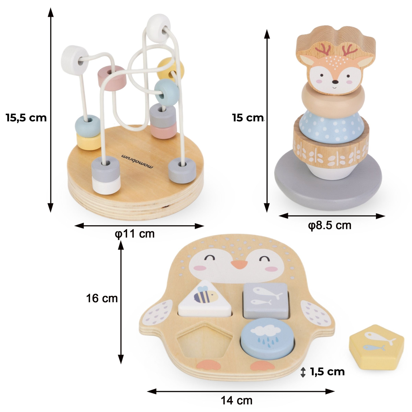 Medinių žaislų rinkinys - spalvotas persipynimas, piramidė "Elnias", rūšiuoklis "Pingvinas