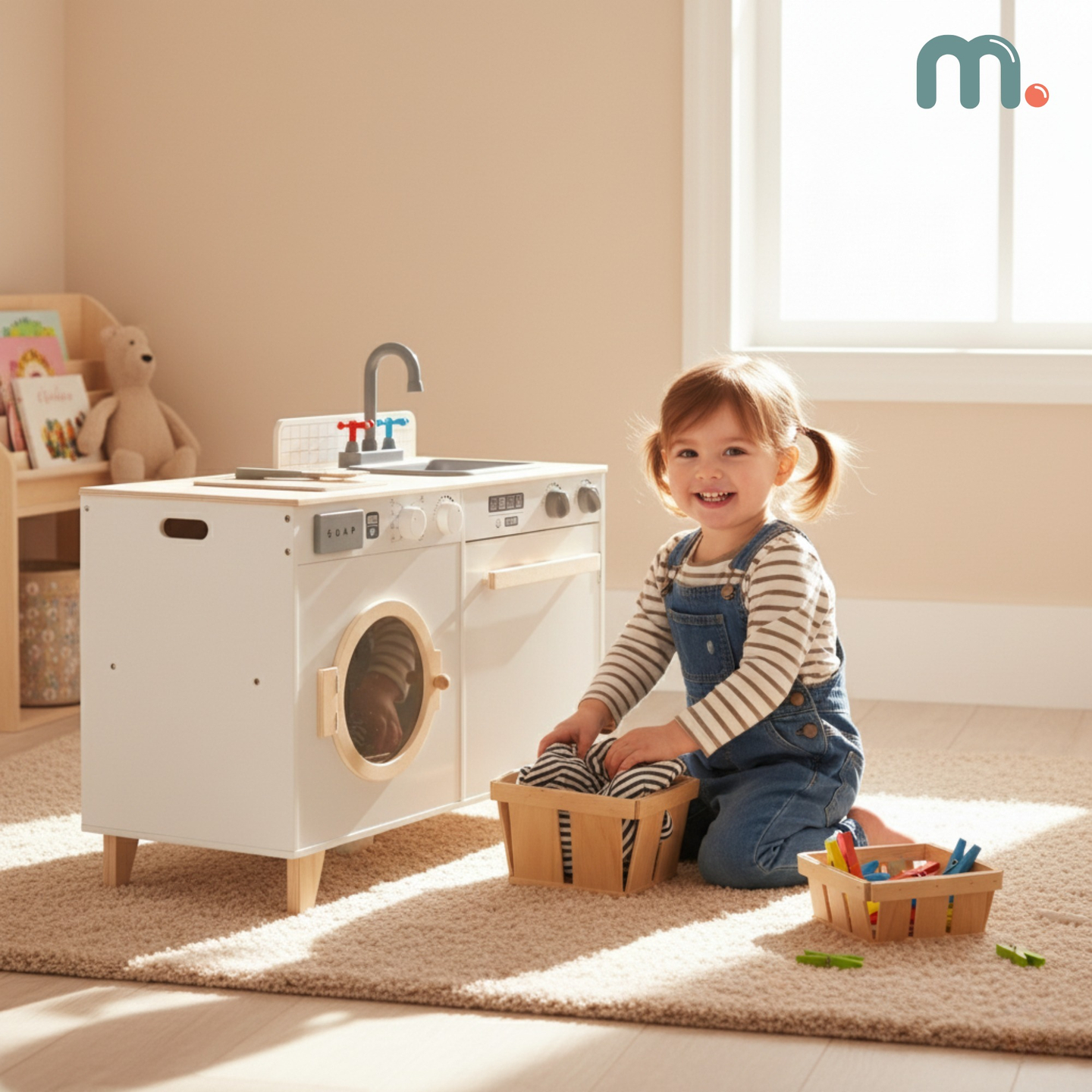 Medinė skalbykla ir virtuvė - 2-in-1 namų rinkinys vaikams