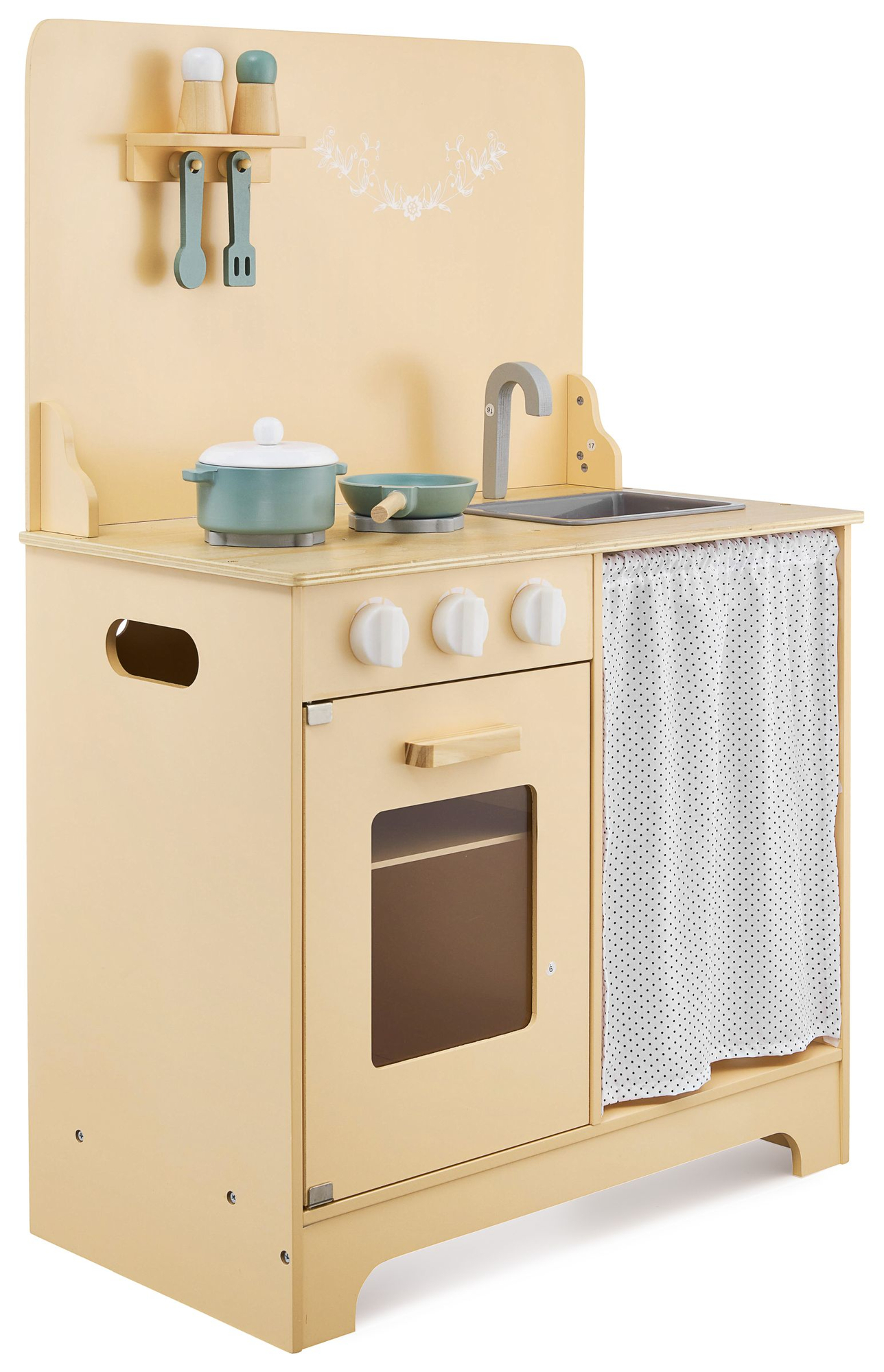 Medinė virtuvė su prijuoste, priedais ir LED apšvietimu