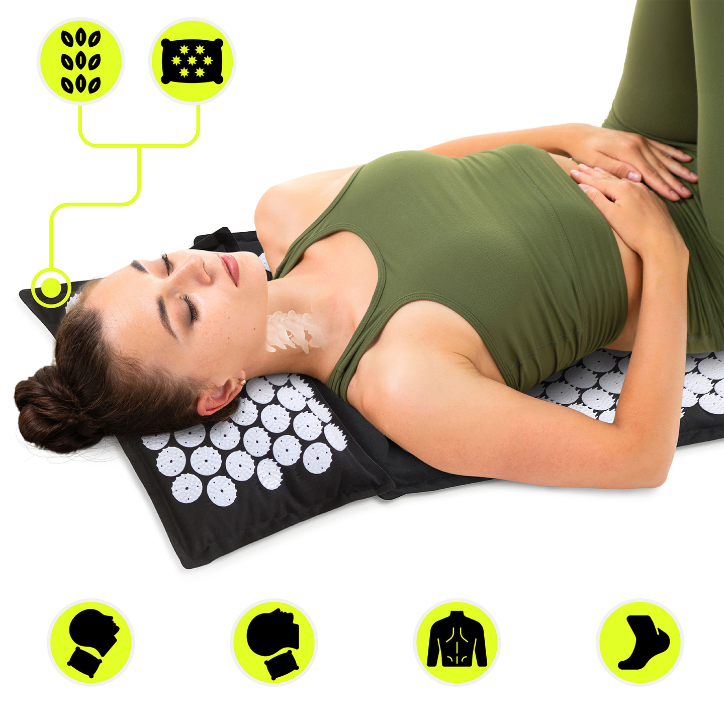 EKO lininis akupresūros kilimėlis su kokoso pluoštu ir grikių pagalvėle – 68 cm „HyperMotion“ juodos ir baltos spalvos