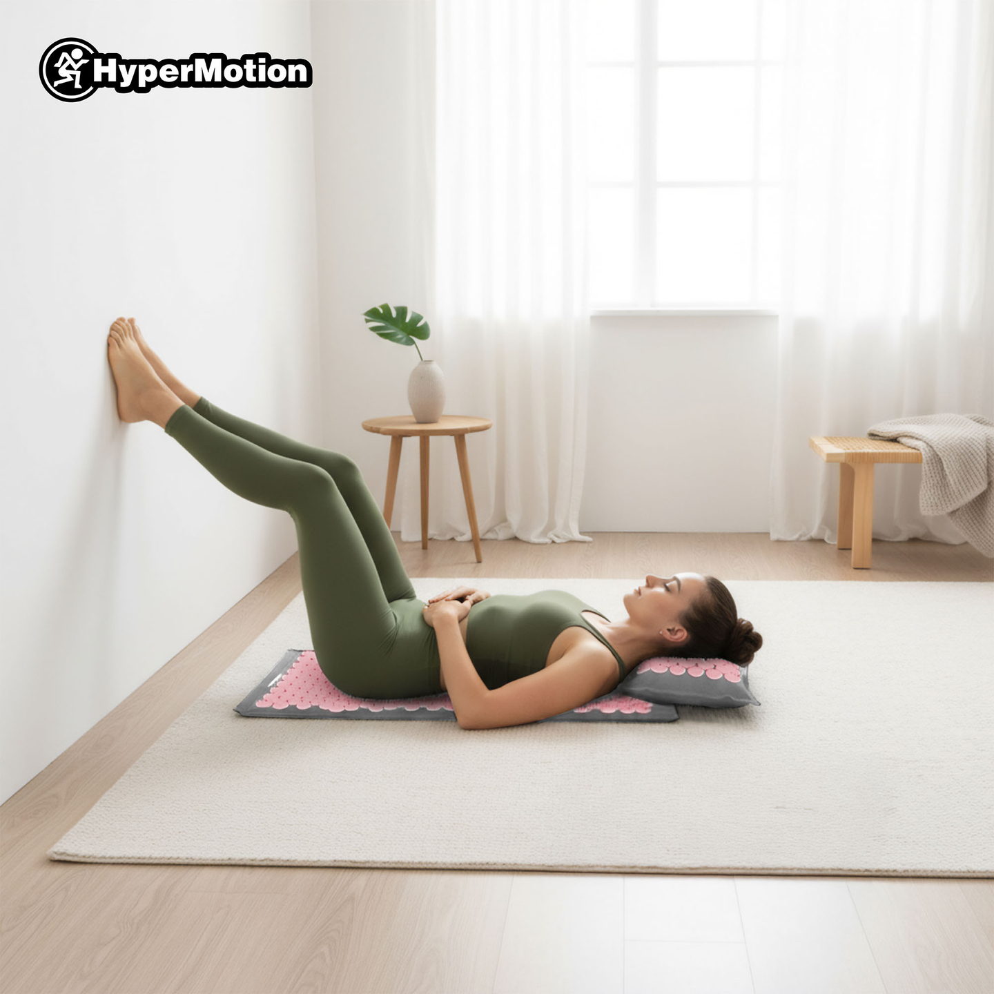 EKO lininis akupresūros kilimėlis su kokosų pluoštu ir grikių pagalvėle – 68 cm, pilkas ir rožinis, „HyperMotion“