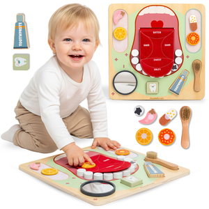 Medinė Montessori edukacinė lenta Mažasis odontologas - dantų šepetėlis, dantų pasta, išimami dantys, veidrodėlis, maistas, mokymosi skoniai