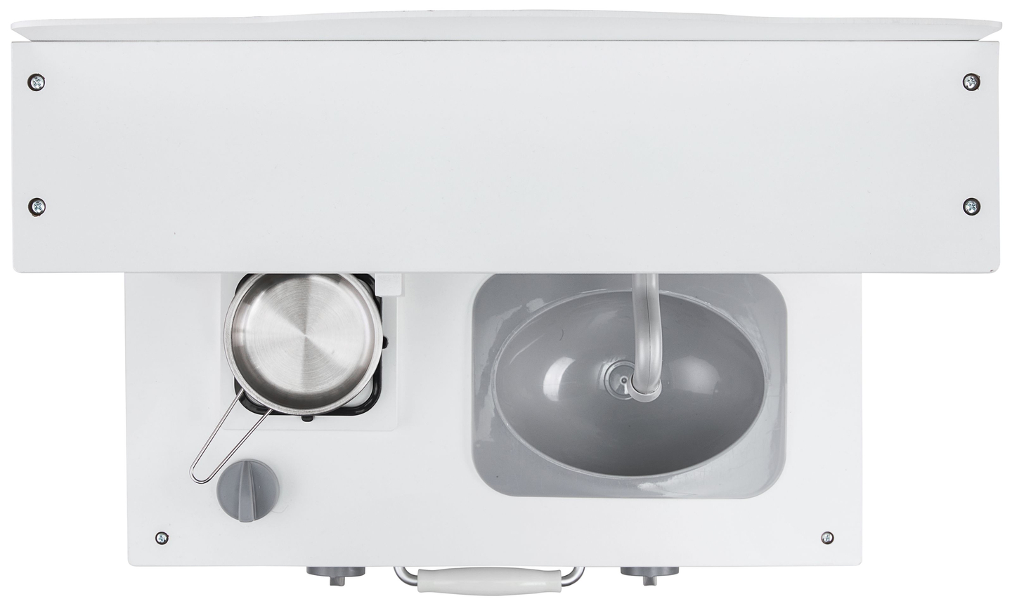 Balta medinė virtuvė su prijuoste, priedais ir LED lempa