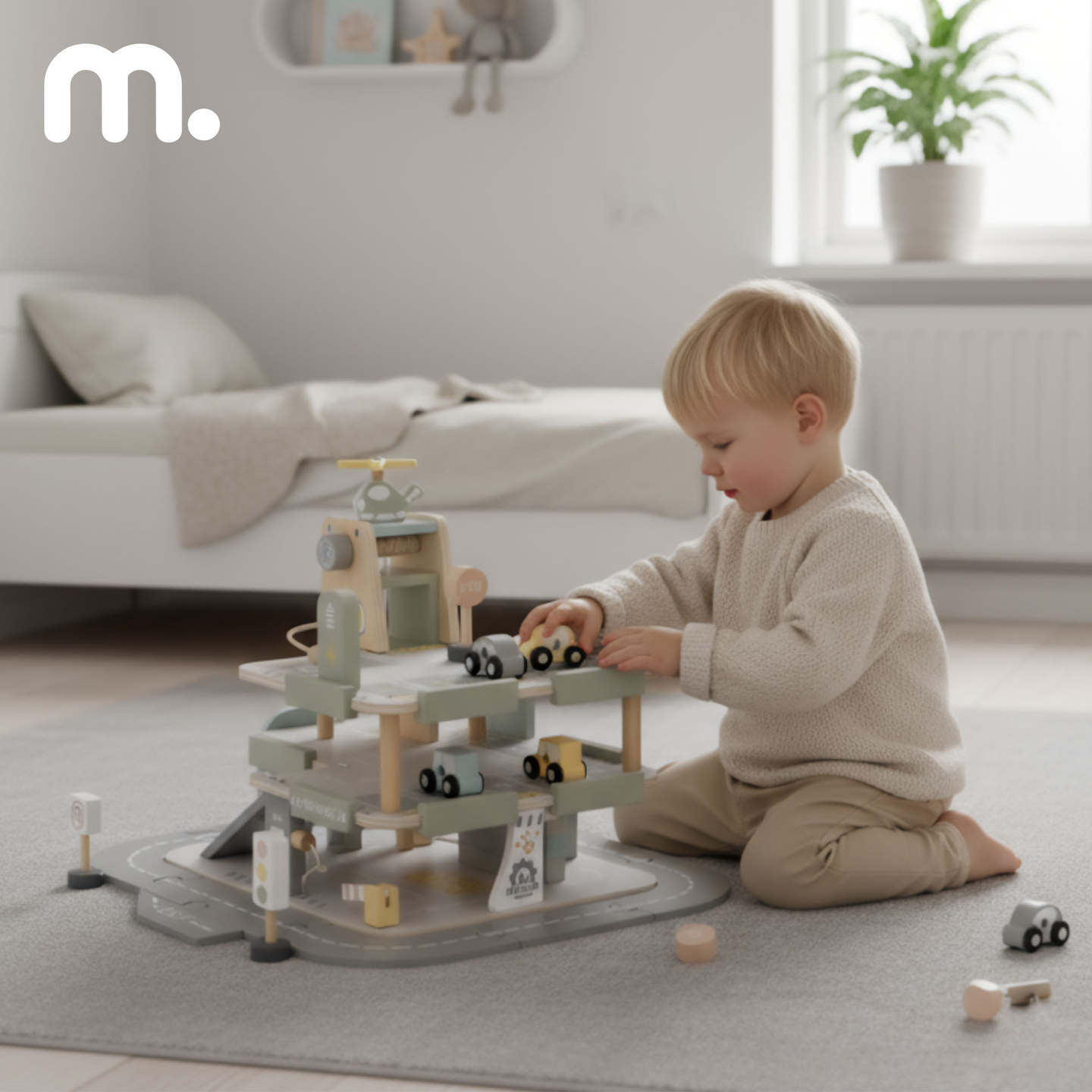 Medinis, trijų aukštų garažas vaikams su priedais – automobilių stovėjimo aikštelė, degalinė, automobilių plovykla, sraigtasparnis