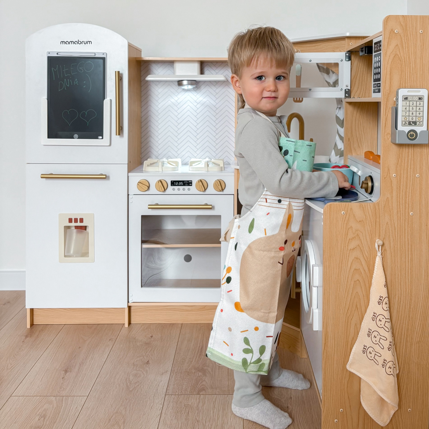 XXXXL didelė medinė interaktyvi virtuvė su LED apšvietimu, skalbimo mašina, mikrobangų krosnele, kavos aparatu, vaisių ir daržovių rinkiniu - 50 elementų