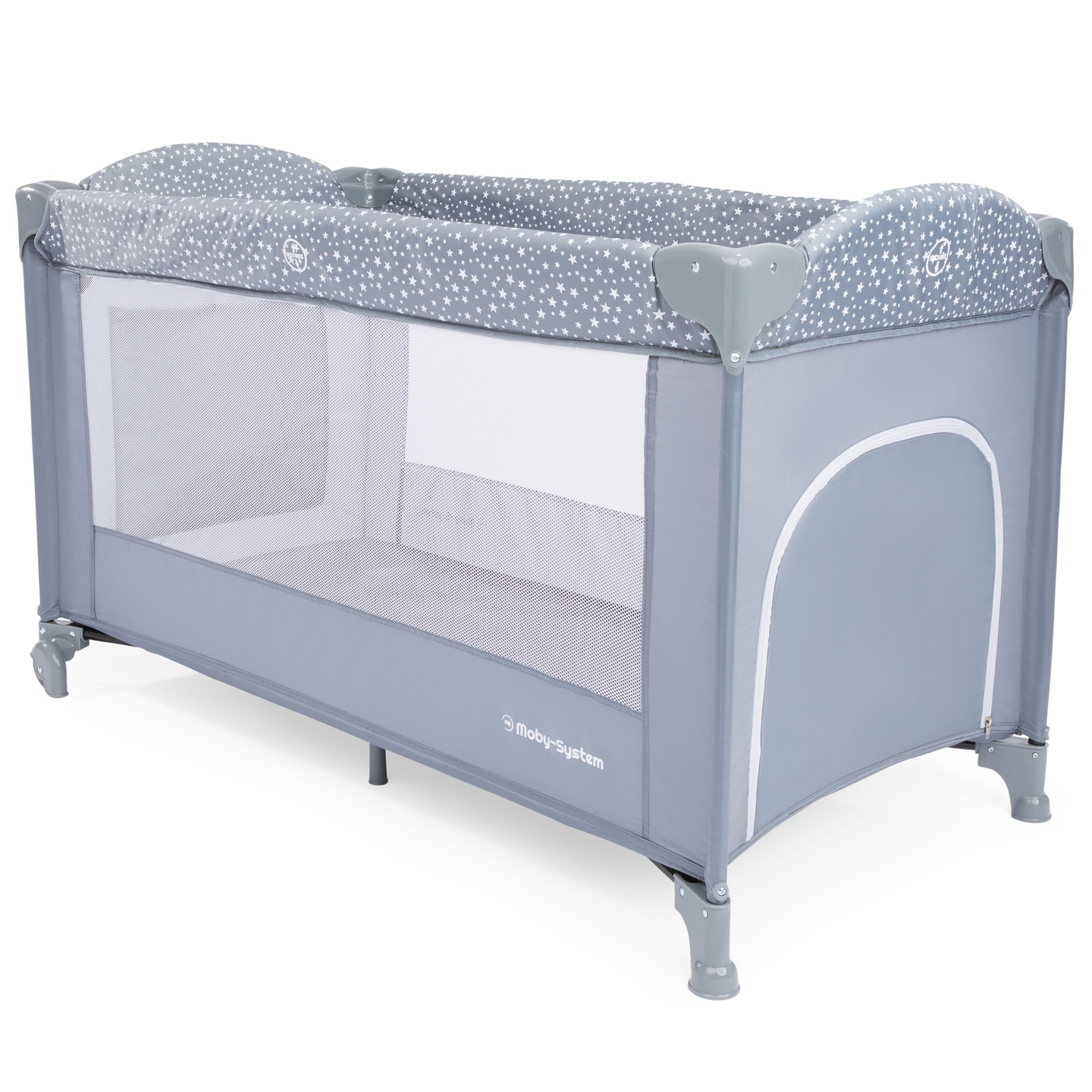 Kelioninė lovelė / maniežas 2 lygiai su persirengimo stalu, stogu ir Happy Traveller BASIC PLUS čiužiniu - pilkas