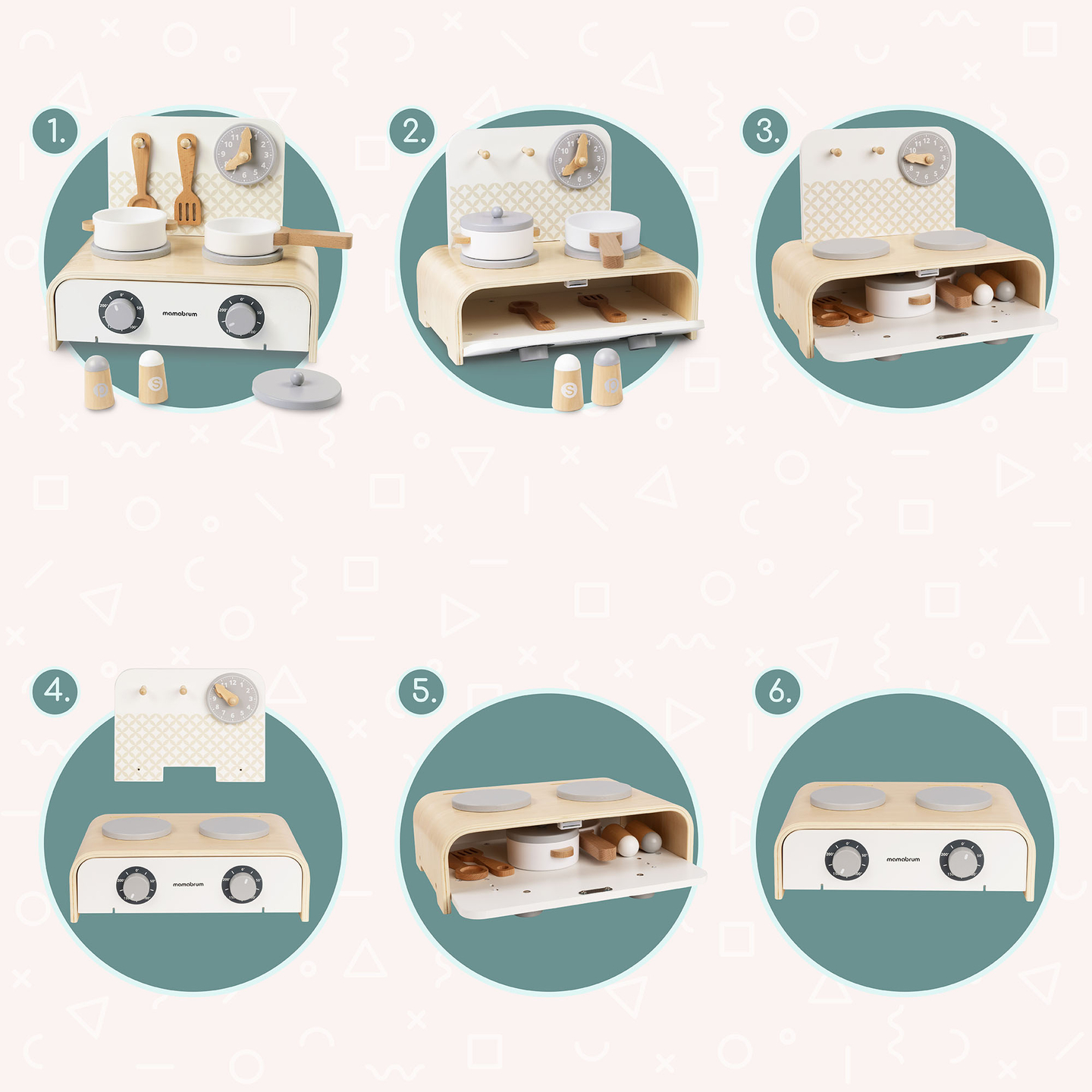 Mamabrum medinė sulankstoma virtuvėlė vaikams – rinkinys su puodais, virtuvės reikmenimis ir daiktadėže