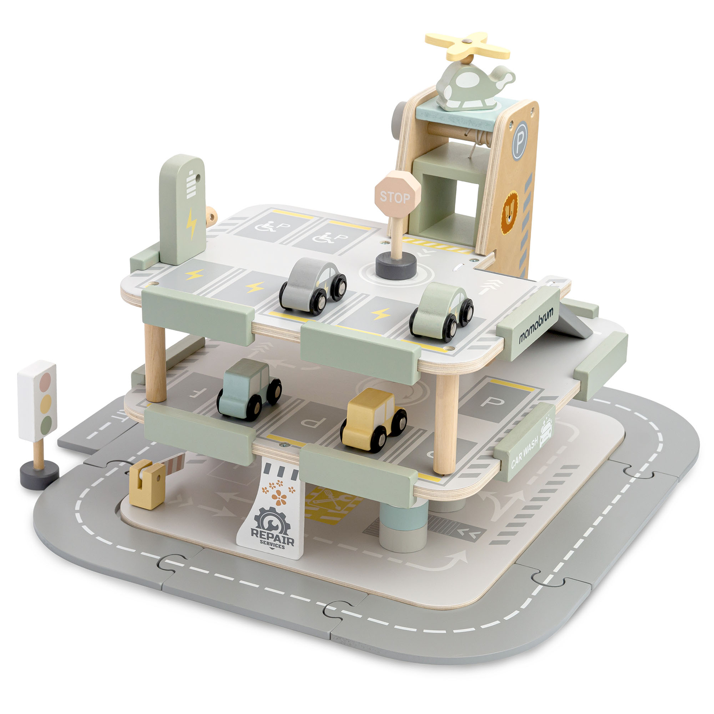 Medinis, trijų aukštų garažas vaikams su priedais – automobilių stovėjimo aikštelė, degalinė, automobilių plovykla, sraigtasparnis