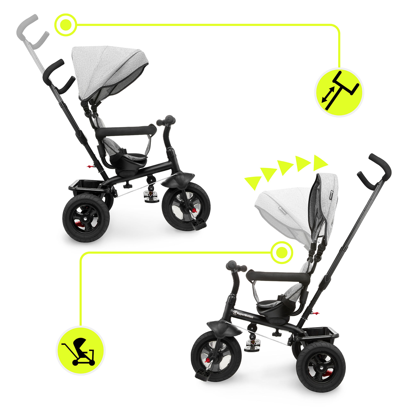 Triratukas 1-4 metų vaikams - TOBI FREY - pilka spalva - pasukamas - pompiniai ratai + stūmiklis