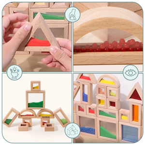 Medinių sensorinių kaladėlių su skirtingais užpildais rinkinys - 15 dalių