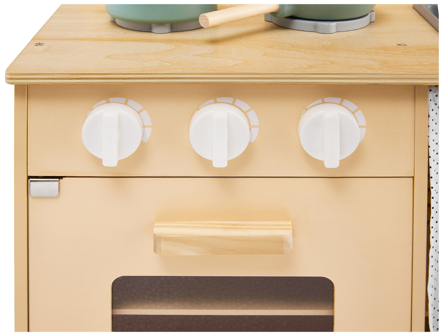 Medinė virtuvė su prijuoste, priedais ir LED apšvietimu