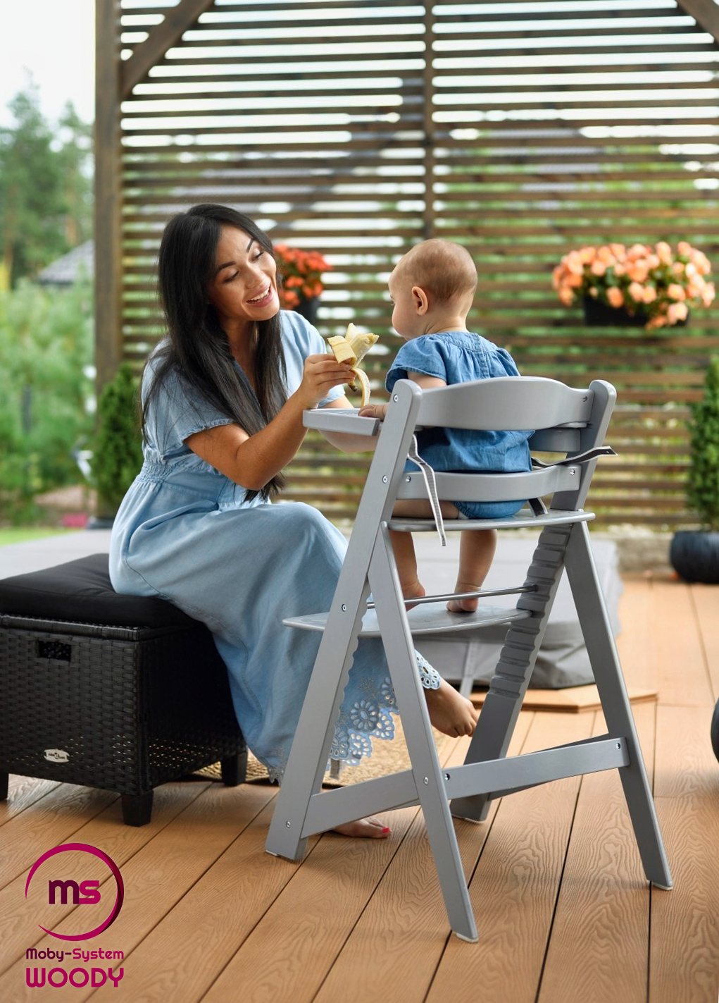 Medinė maitinimo kėdutė "Moby-System WOODY" - pilkos spalvos
